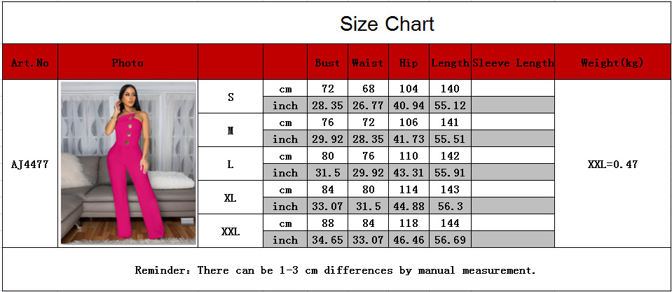Strapless wide-leg jumpsuit bust, waist, hip and length size chart, S to XXL