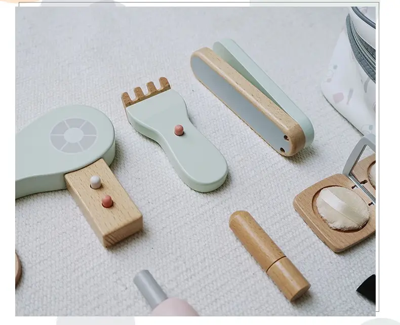 Children Play House Little Girl Makeup Haircut Bag Simulation Comb Hair Dryer Wooden Model Dressing Toy