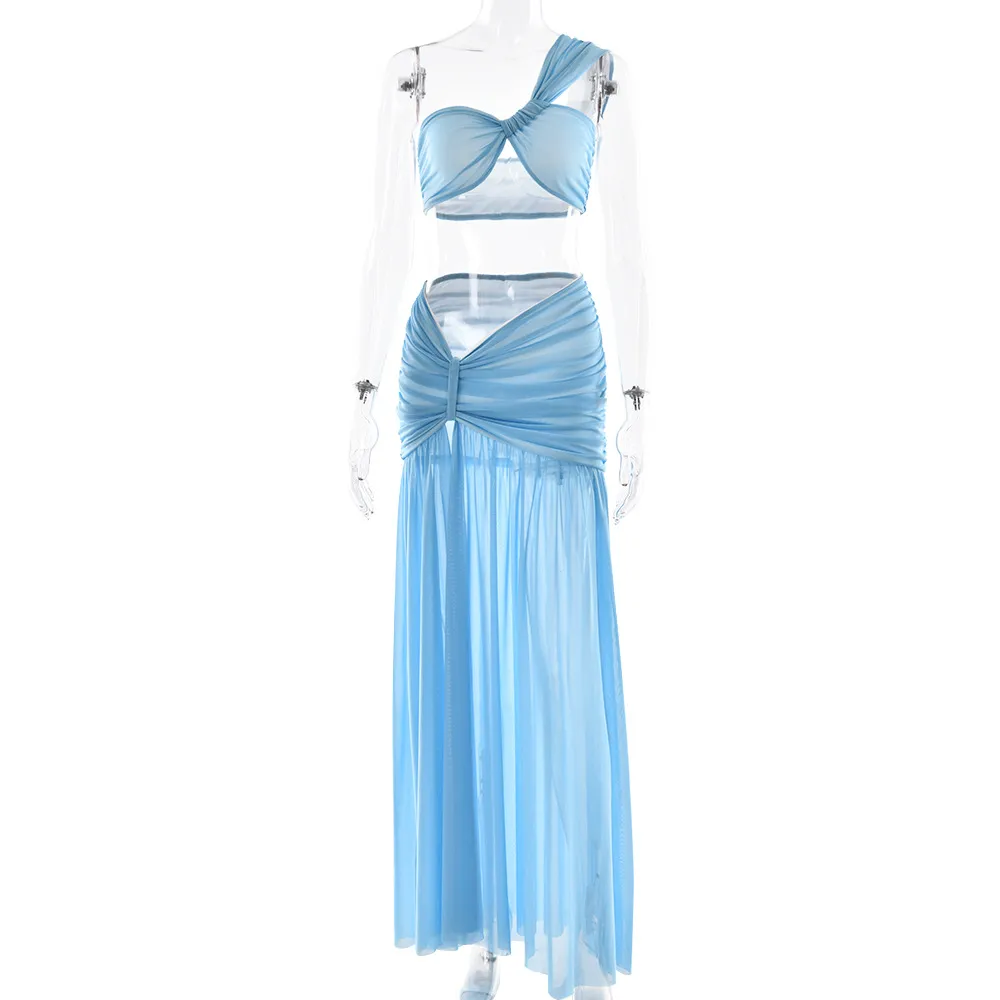 Mesh One-shoulder Top Two-piece Set Sexy Slit Pleated Dress Suit - Blue