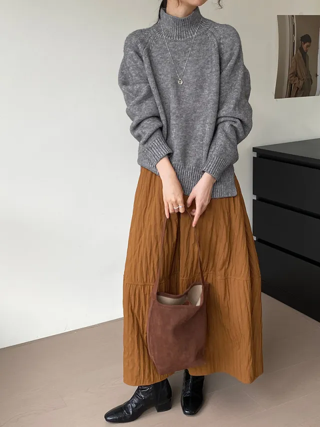Autumn And Winter Solid Color Half Turtleneck Split Sweater Gray - Shop at LoveMi