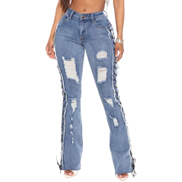 Eyelet Rope High Elasticity Slim Fit Ripped Denim Trousers Light Blue - Shop at LoveMi