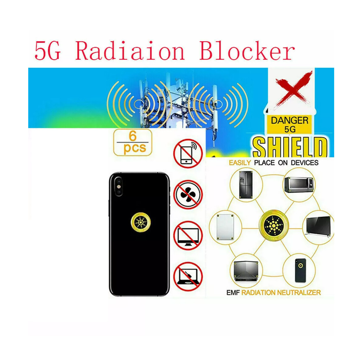 Negative Ion Shield 6pcs 5G Version Radiation-Proof Protective Sticker For Mobile Phones