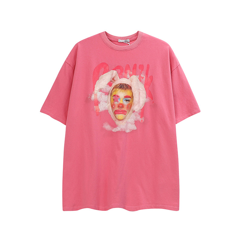 Women's Retro Clown Printed Short Sleeves Washed And Worn Pink - Shop at LoveMi