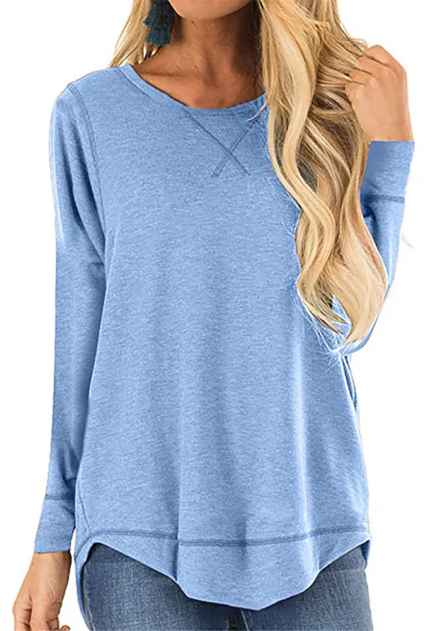 Women's Round Neck Long sleeve T shirt Solid Color Loose Top Sky Blue - Shop at LoveMi