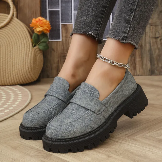 Retro Platform Loafers Casual Versatile Single layer Shoes Gray - Shop at LoveMi