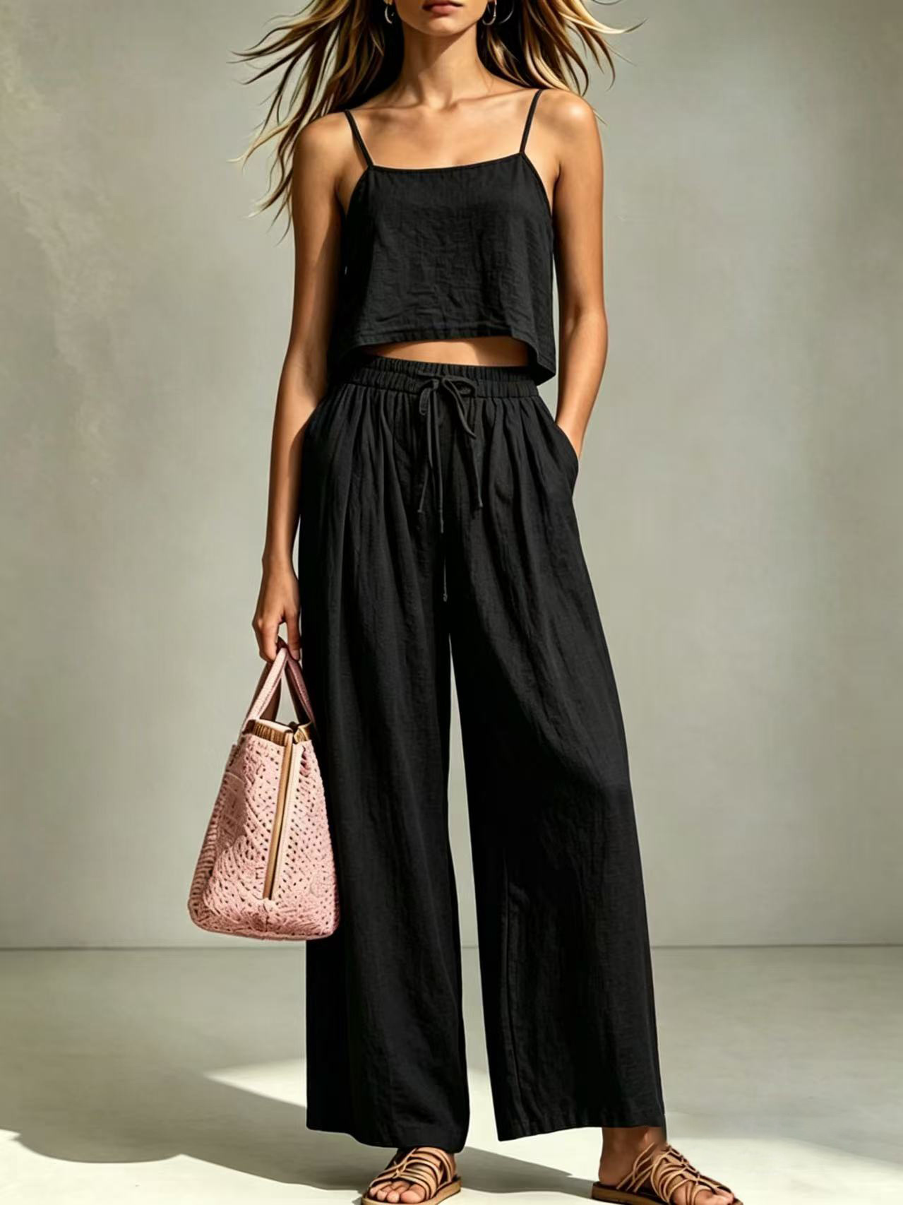 Women's camisole tank top and wide-leg pants set in black – full outfit view