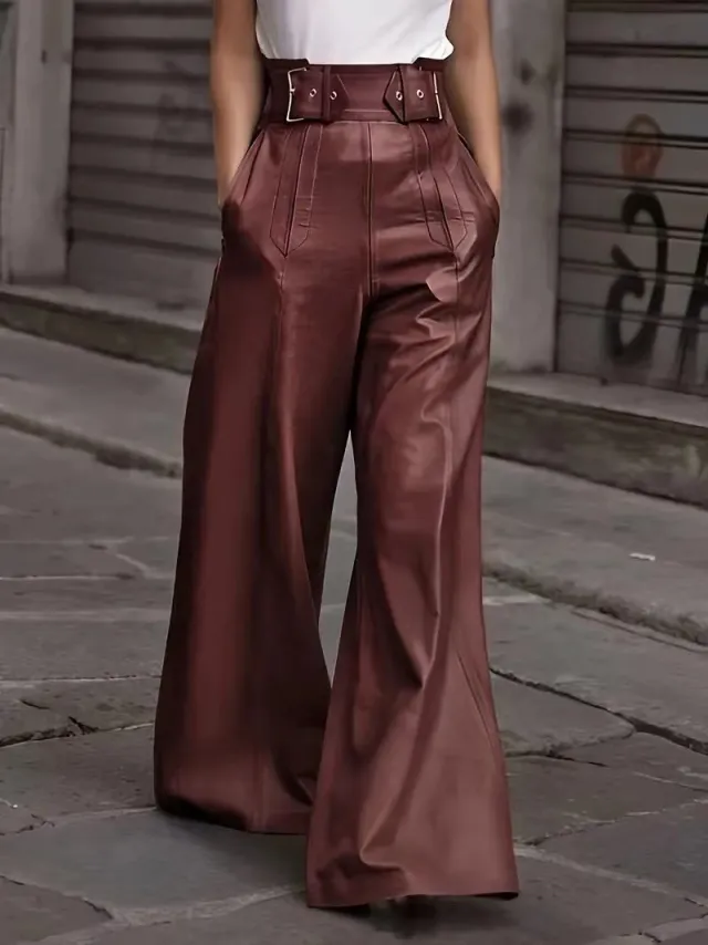 High waisted Loose fitting PU Leather Flared Pants With Pockets Red - Shop at LoveMi