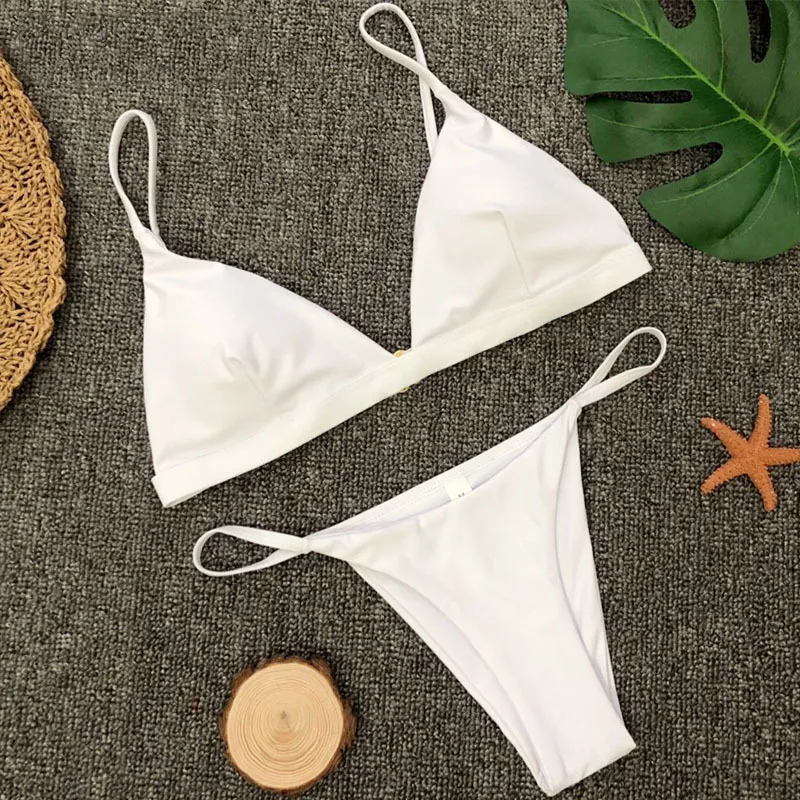 Solid Colour Split Gathered V-shaped T-back Bikini - White