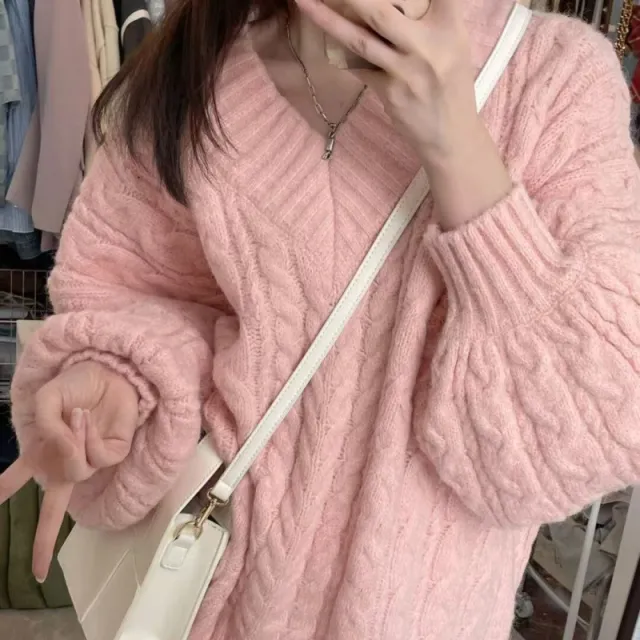 Autumn And Winter Women's Loose And Lazy Style Knitwear Top Sweater Pink - Shop at LoveMi