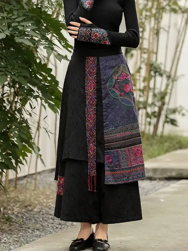 Ladies' National Style Embroidered Wide-leg Pants Tassel Skirt