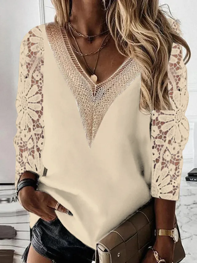 Commuter Nine quarter Sleeve V neck Stitching Hollow Lace Chiffon Shirt Pullover Apricot - Shop at LoveMi