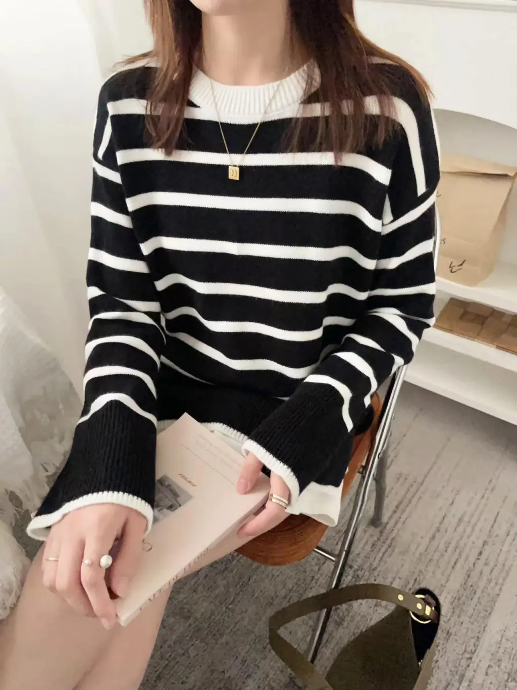 Women's Turtleneck Striped Sweater Loose Side Slit - Black Crew Neck