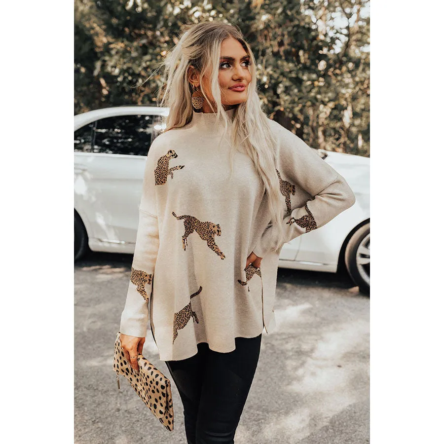 High Neck Split Casual Loose Batwing Sleeve Sweatshirt - Cream
