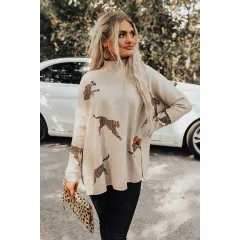 High Neck Split Casual Loose Batwing Sleeve Sweatshirt - Cream - View 1