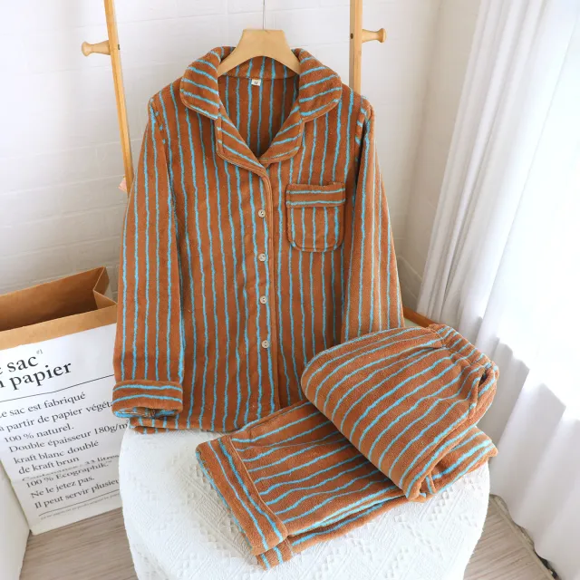 Striped Flannel Couple Lapel Pajamas Suit Brown - Shop at LoveMi