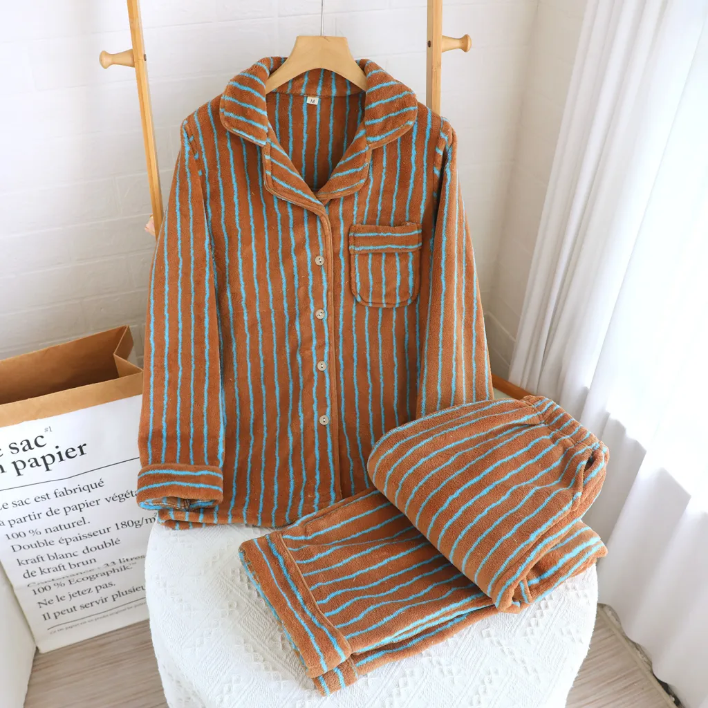 Striped Flannel Couple Lapel Pajamas Suit - Brown Women'S Suit