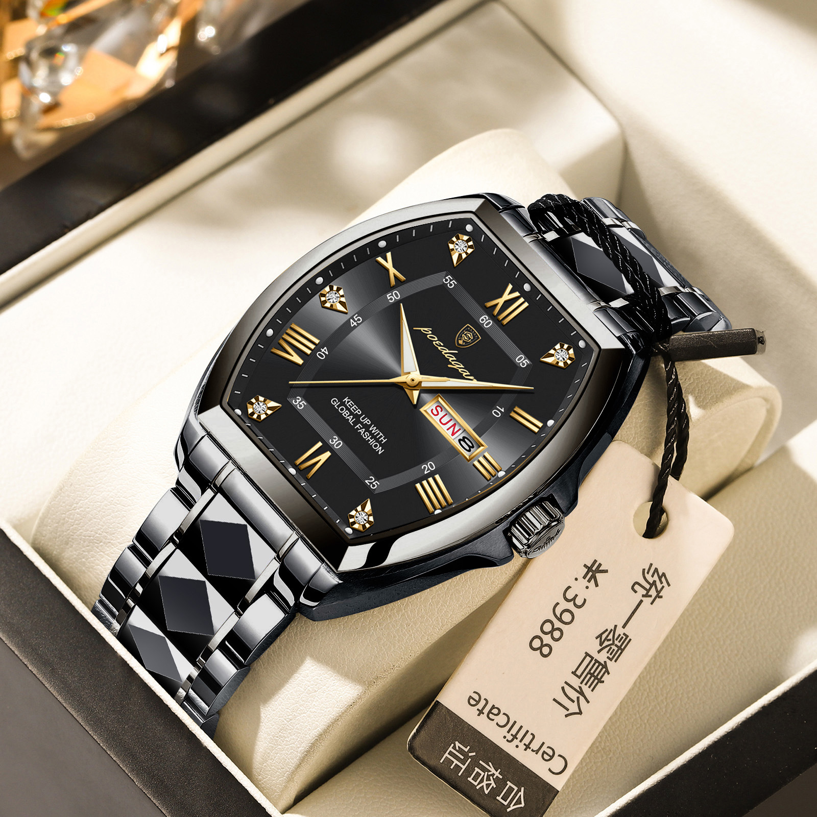 Waterproof Luminous Barrel-shaped Quartz Mens Watch Black Shell Black Surface