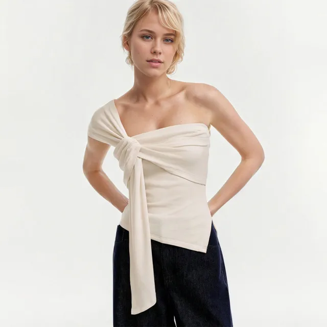 Womens Solid Color Casual T Shirt With Off the Shoulder Sleeveless Top Apricot - Shop at LoveMi