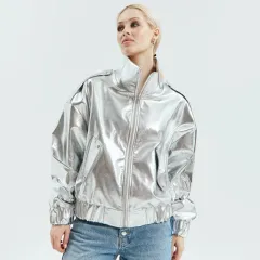 PU Metallic Zipper Fashion New Polo Collar Coat - Silver - View 1