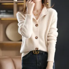 Retro Stand Collar Knitted Cardigan Loose-fitting Short Coat Women's Sweater - Tan - View 1
