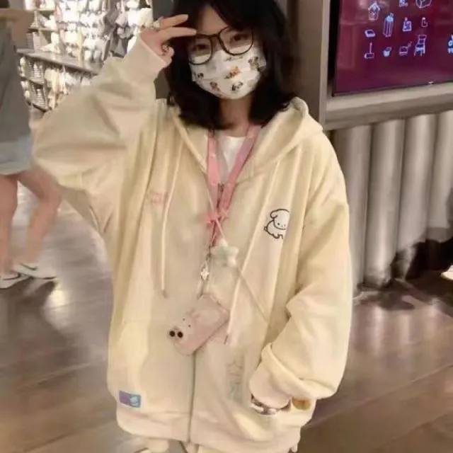 Sweet Little Dog Embroidered Loose And Versatile Hooded Cardigan For Women Beige Plus Velvet - Shop at LoveMi
