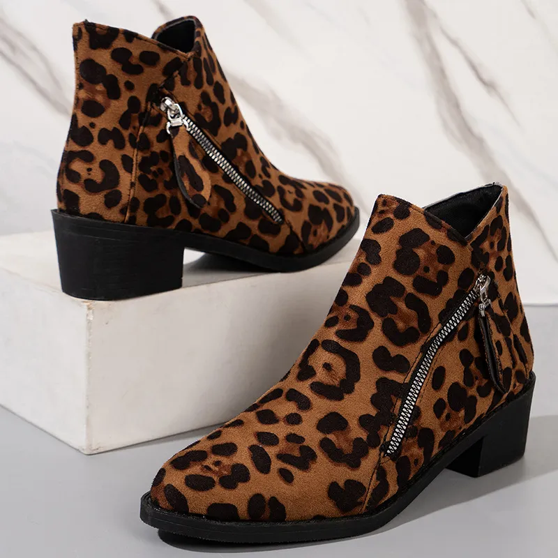 Women's Suede Rubber Cloth Fashion Boots Chunky Heel Booties - Leopard