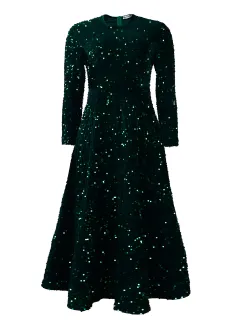 Women's Round Neck Long Sleeve Pure Color Sequins Mid-length Formal Dress - Green - View 1