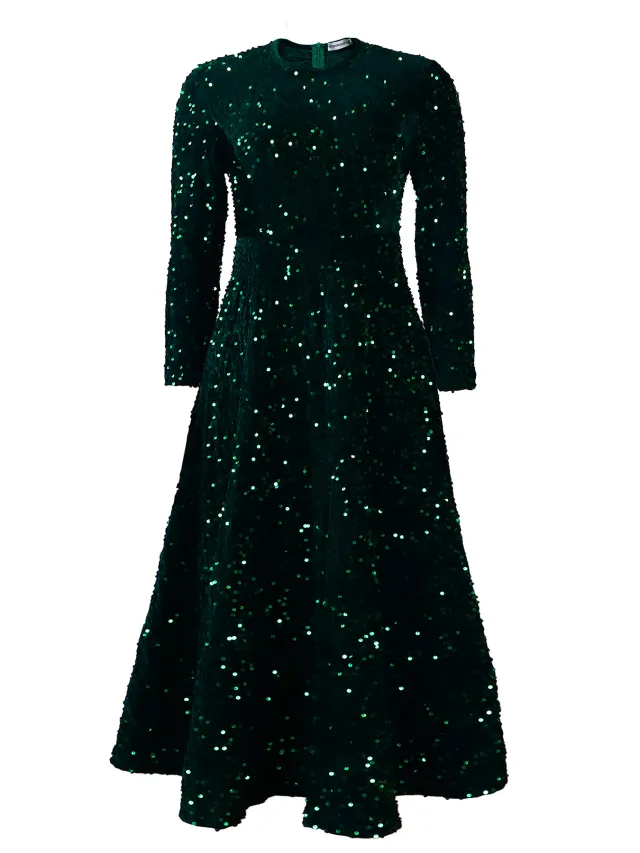 Women's Round Neck Long Sleeve Pure Color Sequins Mid length Formal Dress Green - Shop at LoveMi