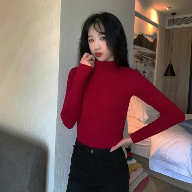 Autumn And Winter New Half Turtleneck Slim Fit Long Sleeve Inner Wear Knitwear For Women Wine Red - Shop at LoveMi