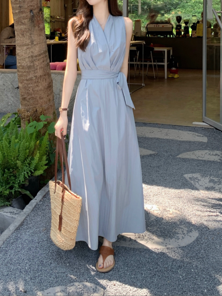V neck Sleeveless Women's Waist tight Dopamine Strap Seaside Vacation Style Dress Blue - Shop at LoveMi