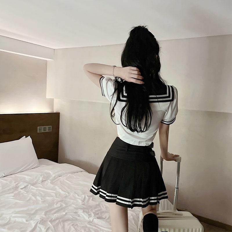 Puff Sleeve Shirt High Waist Pleated Short Skirt Two-piece Suit