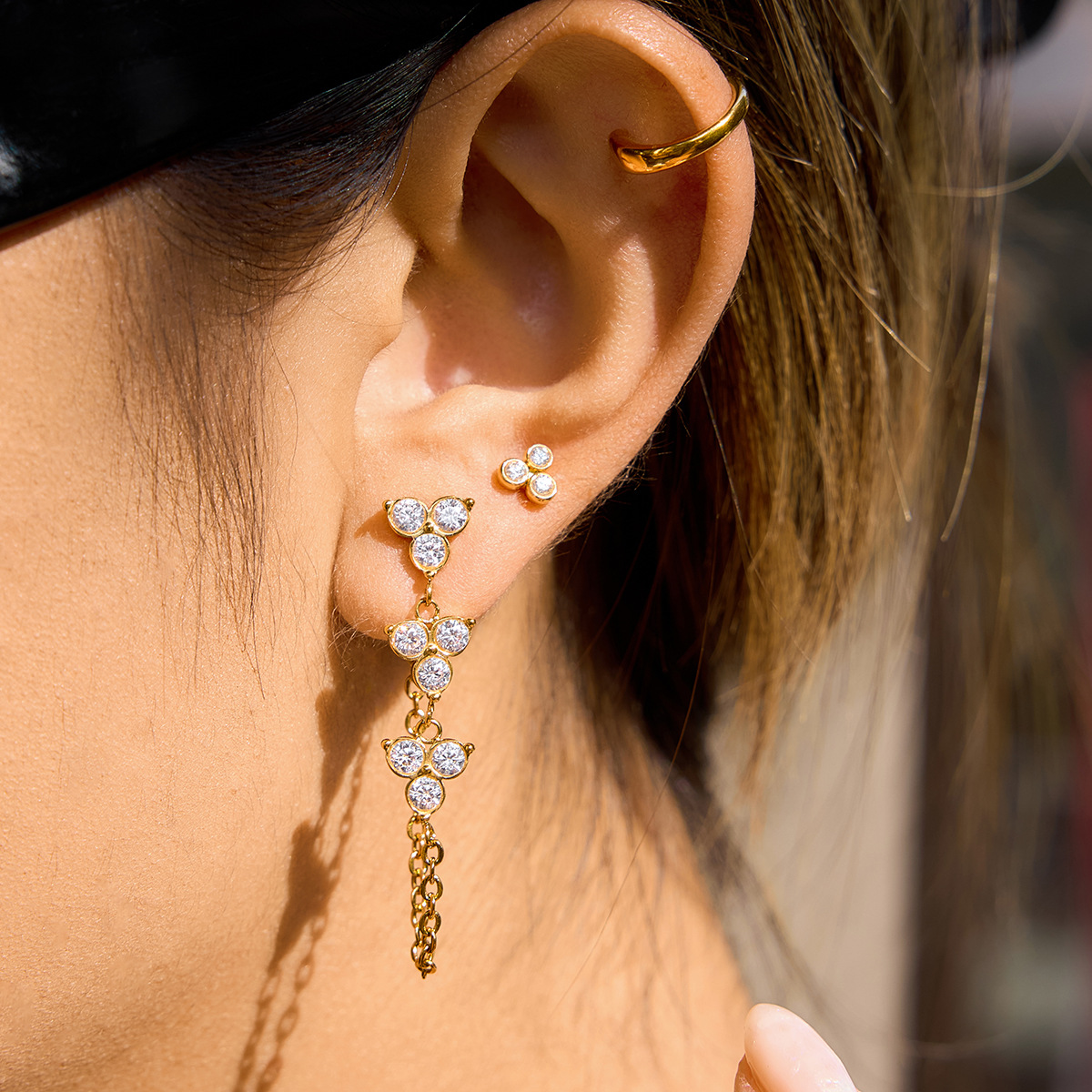 Titanium Steel 18K White Zircon Flower Chain Tassel Earrings For Women