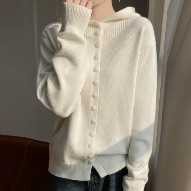 Womens Knitted Sweater Stylish Western Style Solid Color All Match Hooded Knit Cardigan White - Shop at LoveMi