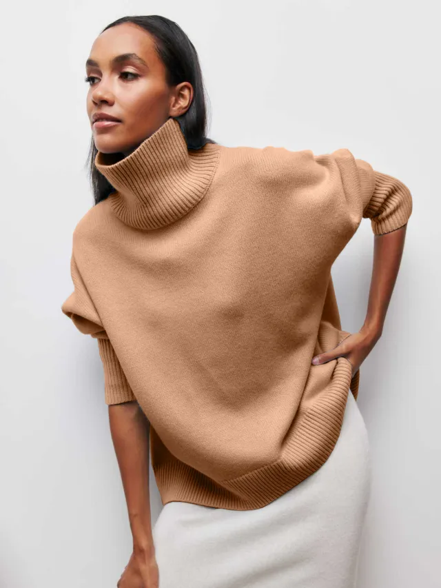 Loose Mock Neck Autumn And Winter Russian Sweater Camel - Shop at LoveMi