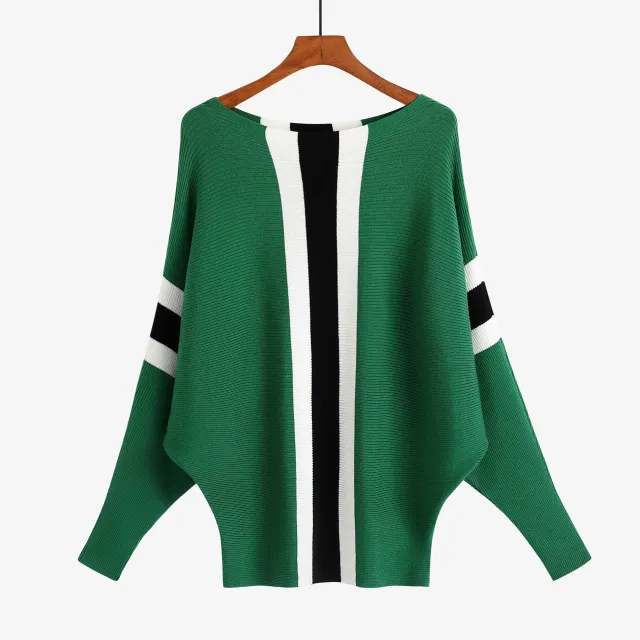 Sweater Batwing Shirt Off neck Thread Loose Large Size Pullover Striped Top Green - Shop at LoveMi