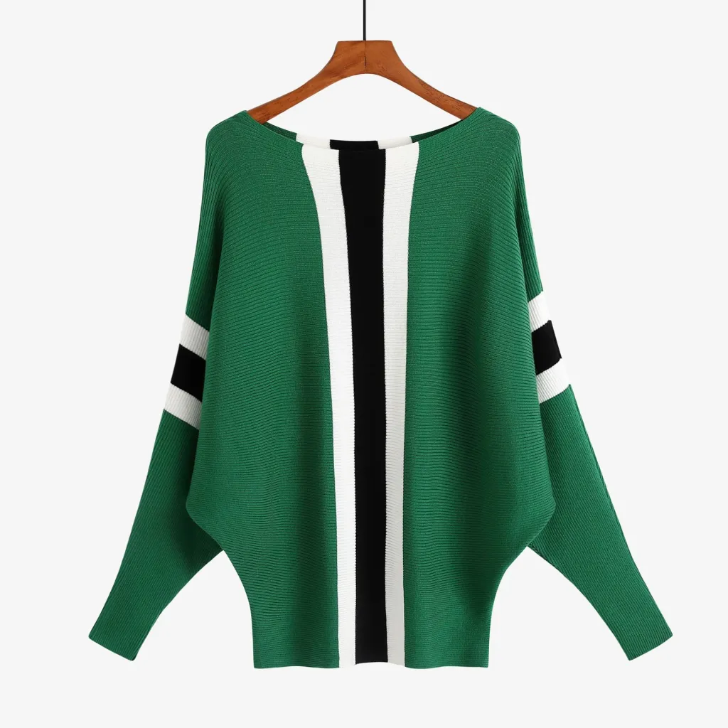 Sweater Batwing Shirt Off-neck Thread Loose Large Size Pullover Striped Top - Green