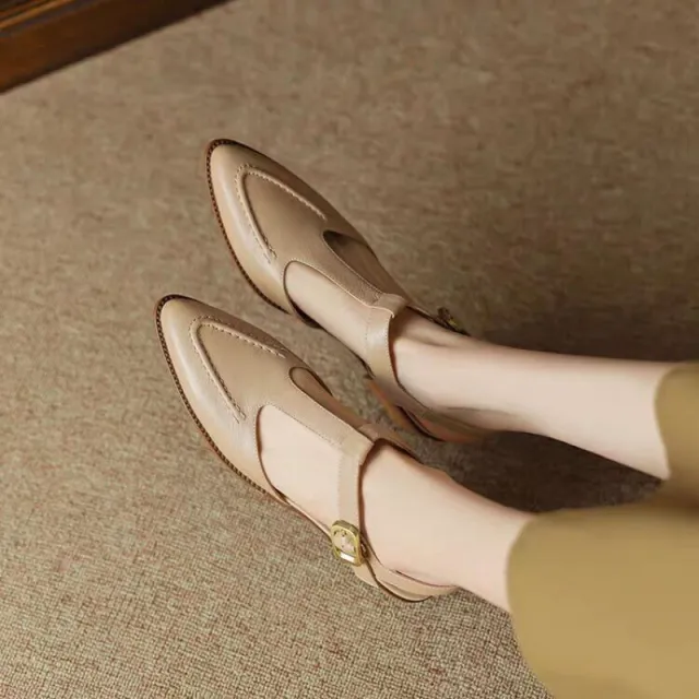 Women's Soft Leather Pointed Sandals New Summer Closed Toe Chunky Heel Apricot - Shop at LoveMi
