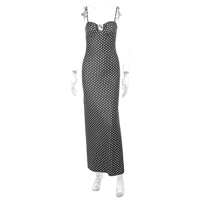 Sexy Suspenders Hollow Polka Dot Printing Dress Female Summer - Black