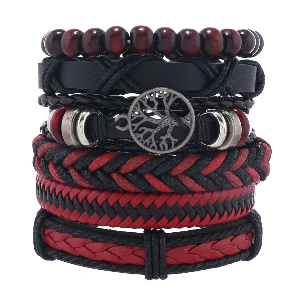European And American Men's Vintage Weave Multi-layer Leather Bracelet Lucky Tree Series Six-piece Set