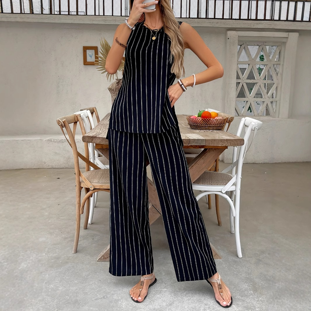 Striped Vest And Wide-Leg Pants Fashion Set