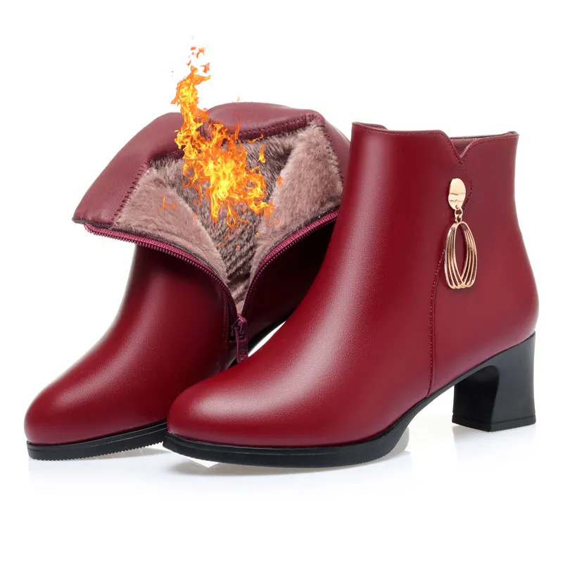 New Side Zipper Mid Heel Boots Women - Burgundy