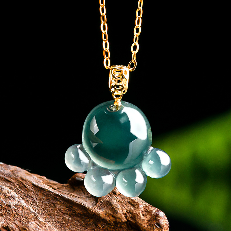 Natural A Cargo Jade Blue Water Cat's Paw Pendant Jade Necklace