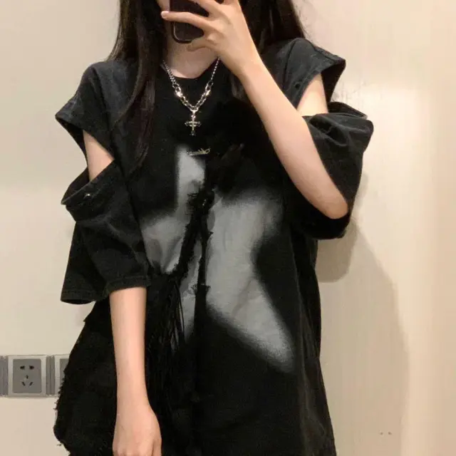Hiphop Button Detachable Sleeve Loose Top Black Button Removal Sleeve - Shop at LoveMi