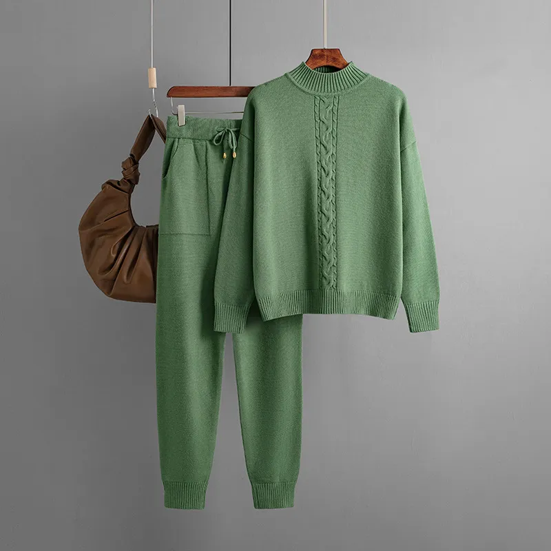 Half Turtleneck Twist Knitting Suit Casual Sweater - Green