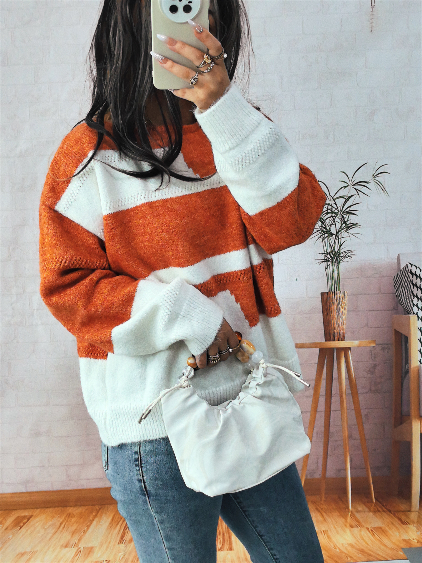 Simple Commute Irregular Contrast Color Round Neck Long Sleeve Sweater