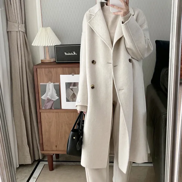 Overcoat Long Wool Reversible Cashmere Coat Mid length Beige - Shop at LoveMi