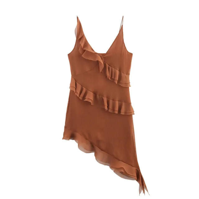 European And American Style Women's Asymmetric Laminated Decoration Sling Dress Brown - Shop at LoveMi