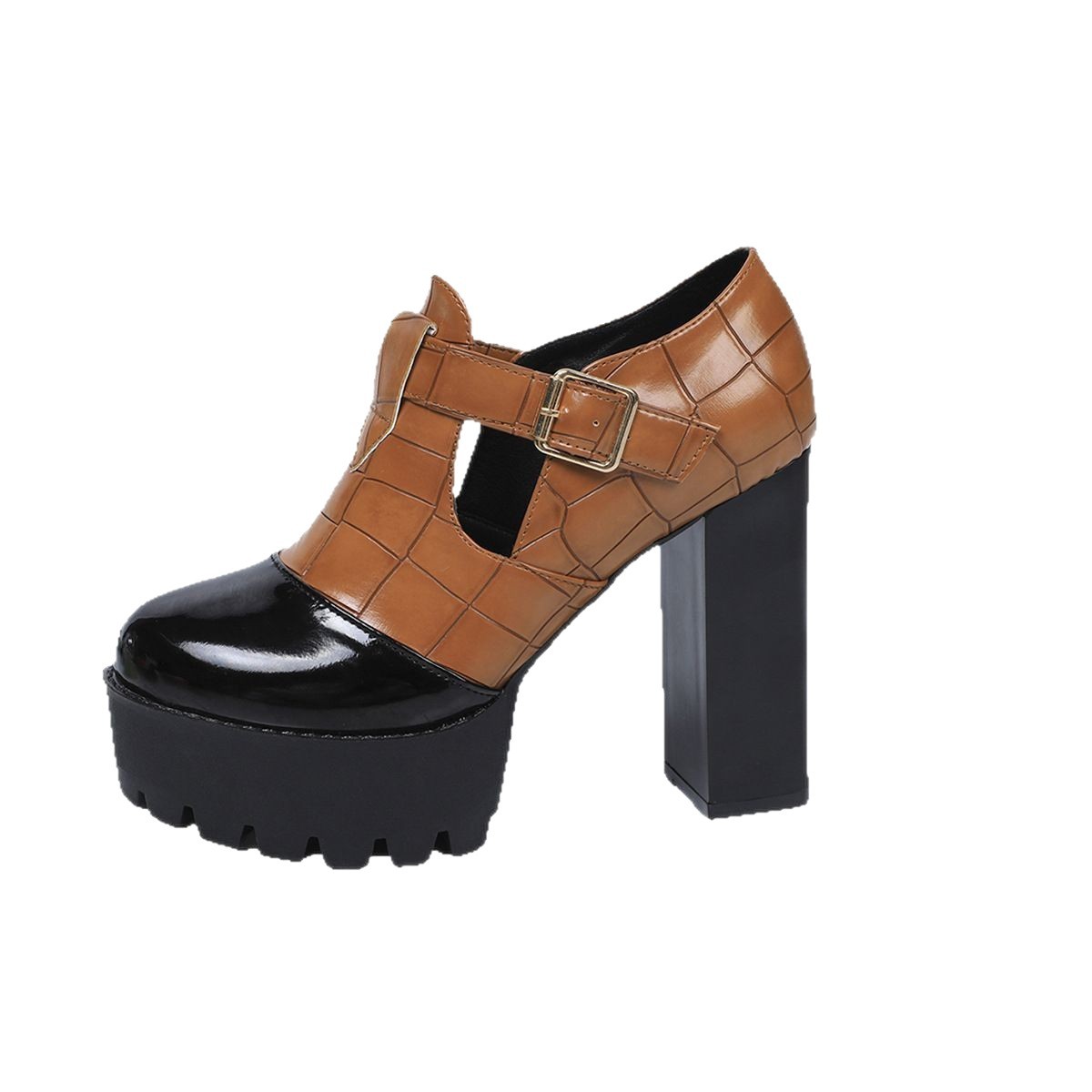 Chunky-Heel Buckle Strap Heels