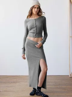 Women's Long-sleeve Shirt Split Dress Suit - Light Grey - View 1