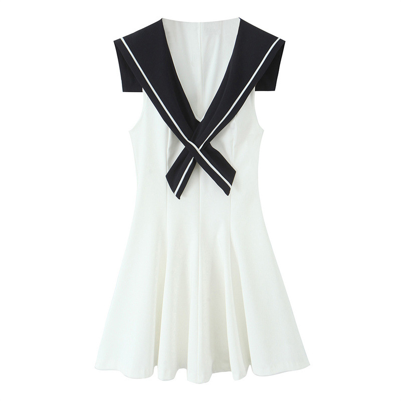 American Slim Fit Slimming Contrast Color White Stitching Dress